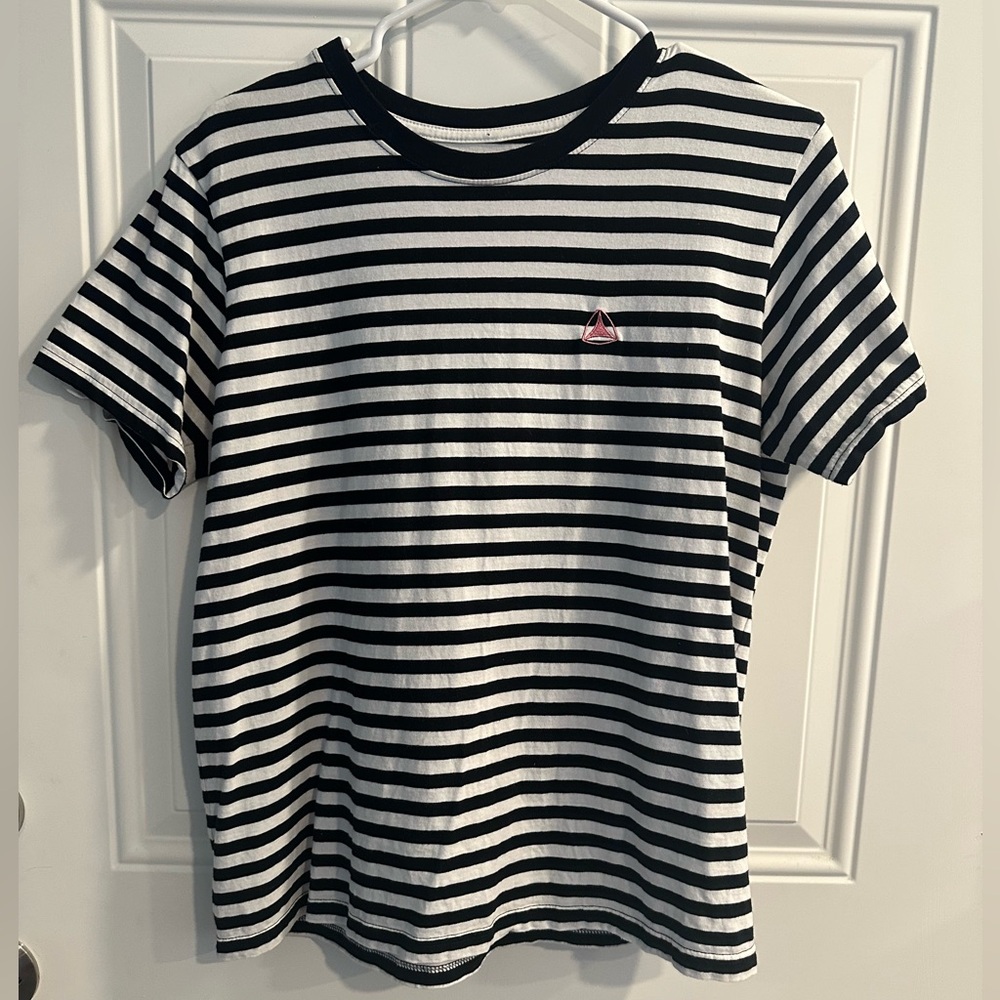 Active ride shop womens Black & White Striped Crewneck Tee pink embroidered logo